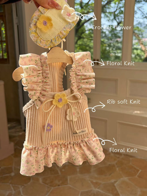 Autumn Bless flutter sleeve floral gingham dog dress