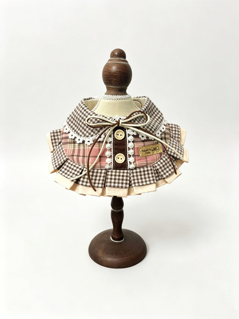 Brown Gingham Lace Ruffle Bib